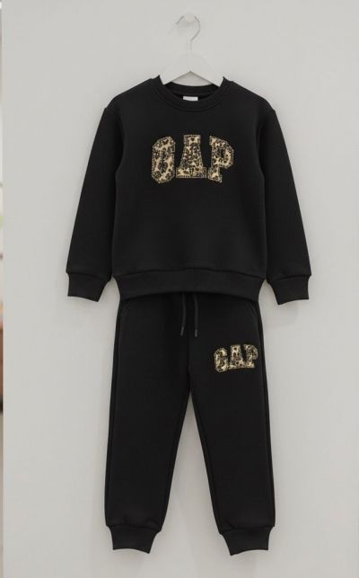 Kız Çocuk Leopar Yazı Detaylı Siyah GAP  Alt Üst Takım
