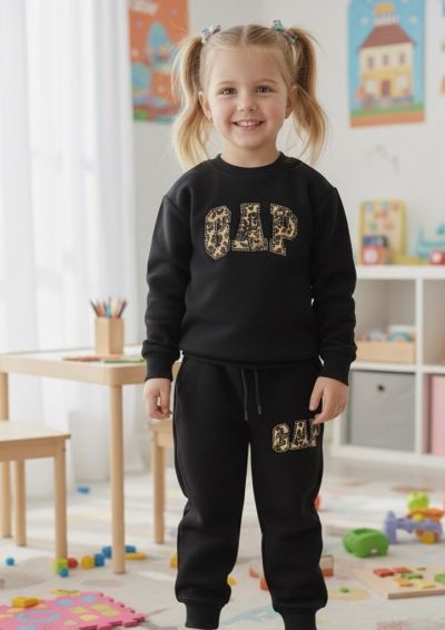 Kız Çocuk Leopar Yazı Detaylı Siyah GAP  Alt Üst Takım