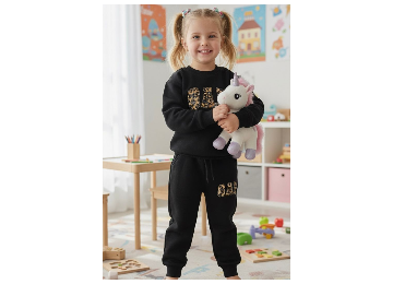 Kız Çocuk Leopar Yazı Detaylı Siyah GAP  Alt Üst Takım