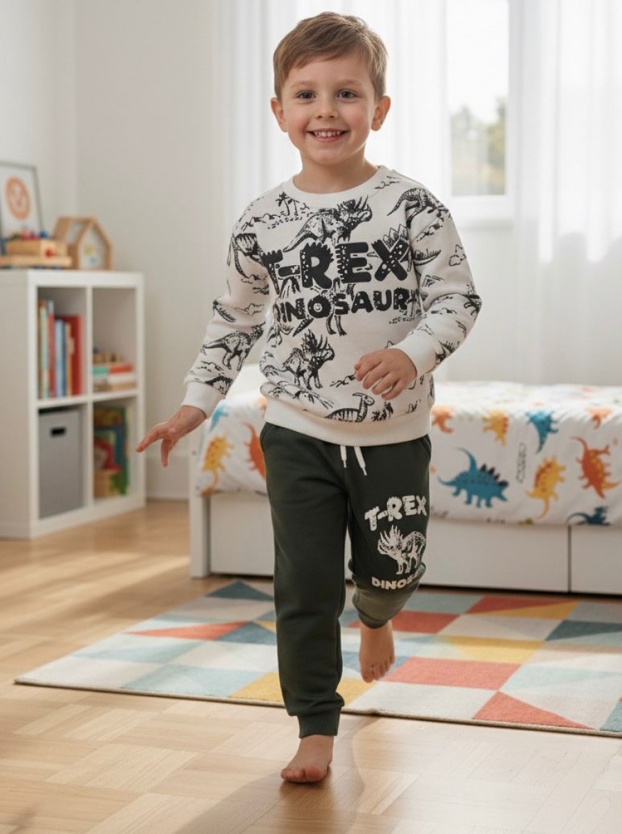T-Rex Baskılı Erkek Çocuk Alt Üst Takım 3 İplik Şardonlu