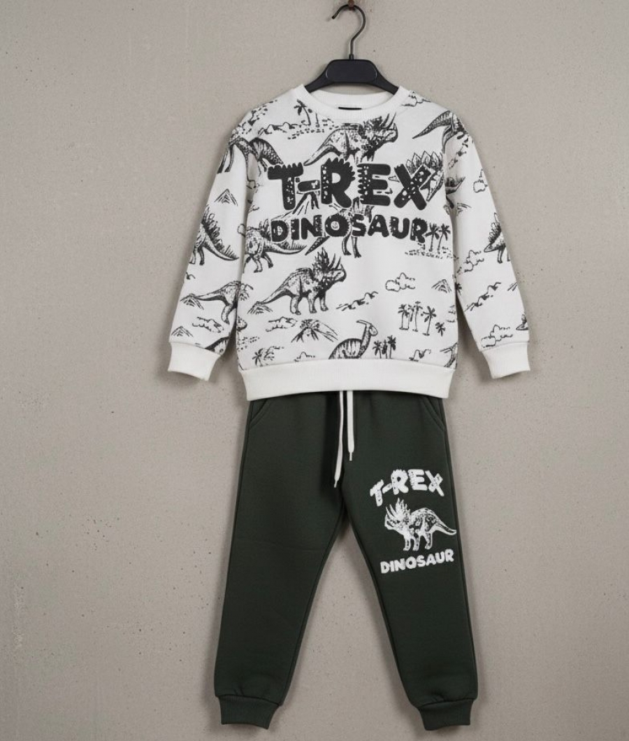 T-Rex Baskılı Erkek Çocuk Alt Üst Takım 3 İplik Şardonlu